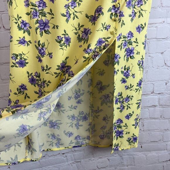 H&M Divided viscose yellow floral slit pencil button skirt size 12 NWOT - Picture 3 of 7